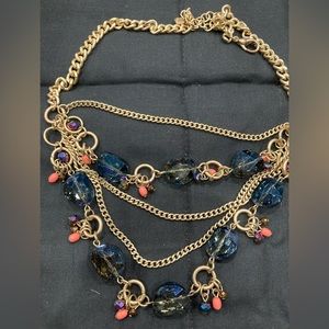 NWOT Blue Glass Statement Necklace brush goldtone